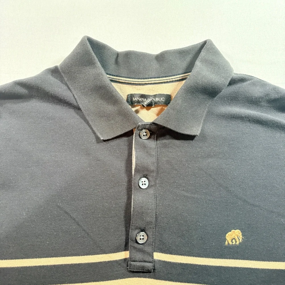 Banana Republic Polo Shirt Mens XL Tall Black Tan Striped Cotton Stretch Pique